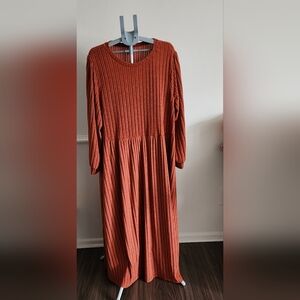 Rust Orange Ribbed Long Sleeve Women's Dress